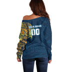 Personalized Gold Coast Titans Off Shoulder Sweater Polynesian Tribal Chest and Sleeve Tattoo