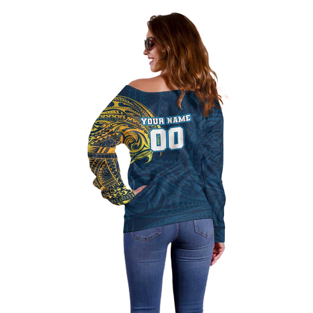 Personalized Gold Coast Titans Off Shoulder Sweater Polynesian Tribal Chest and Sleeve Tattoo