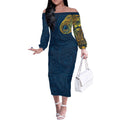 Personalized Gold Coast Titans Off The Shoulder Long Sleeve Dress Polynesian Tribal Chest and Sleeve Tattoo
