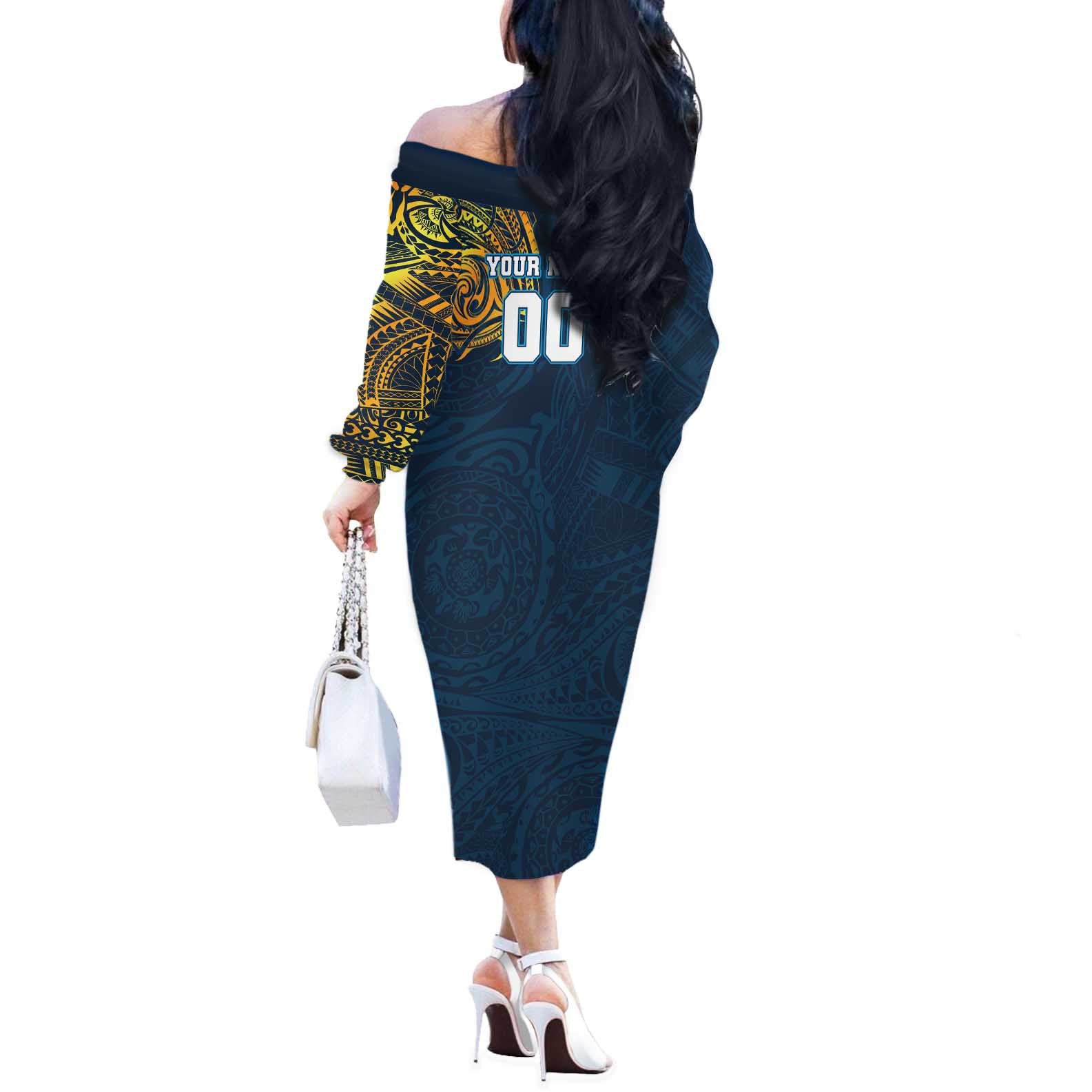 Personalized Gold Coast Titans Off The Shoulder Long Sleeve Dress Polynesian Tribal Chest and Sleeve Tattoo