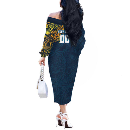 Personalized Gold Coast Titans Off The Shoulder Long Sleeve Dress Polynesian Tribal Chest and Sleeve Tattoo