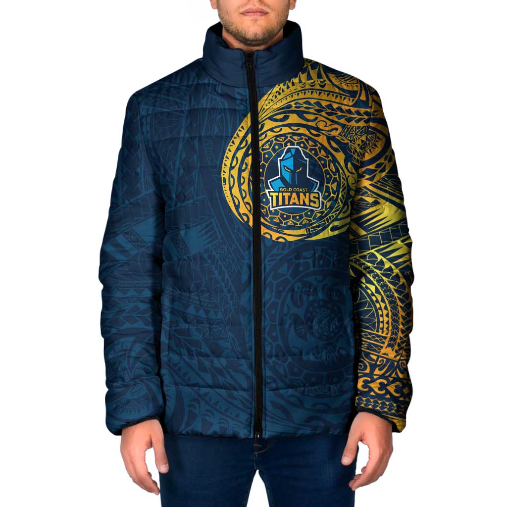 Personalized Gold Coast Titans Padded Jacket Polynesian Tribal Chest and Sleeve Tattoo