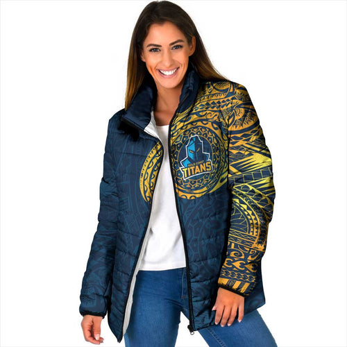 Personalized Gold Coast Titans Padded Jacket Polynesian Tribal Chest and Sleeve Tattoo