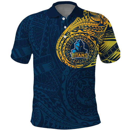 Personalized Gold Coast Titans Polo Shirt Polynesian Tribal Chest and Sleeve Tattoo