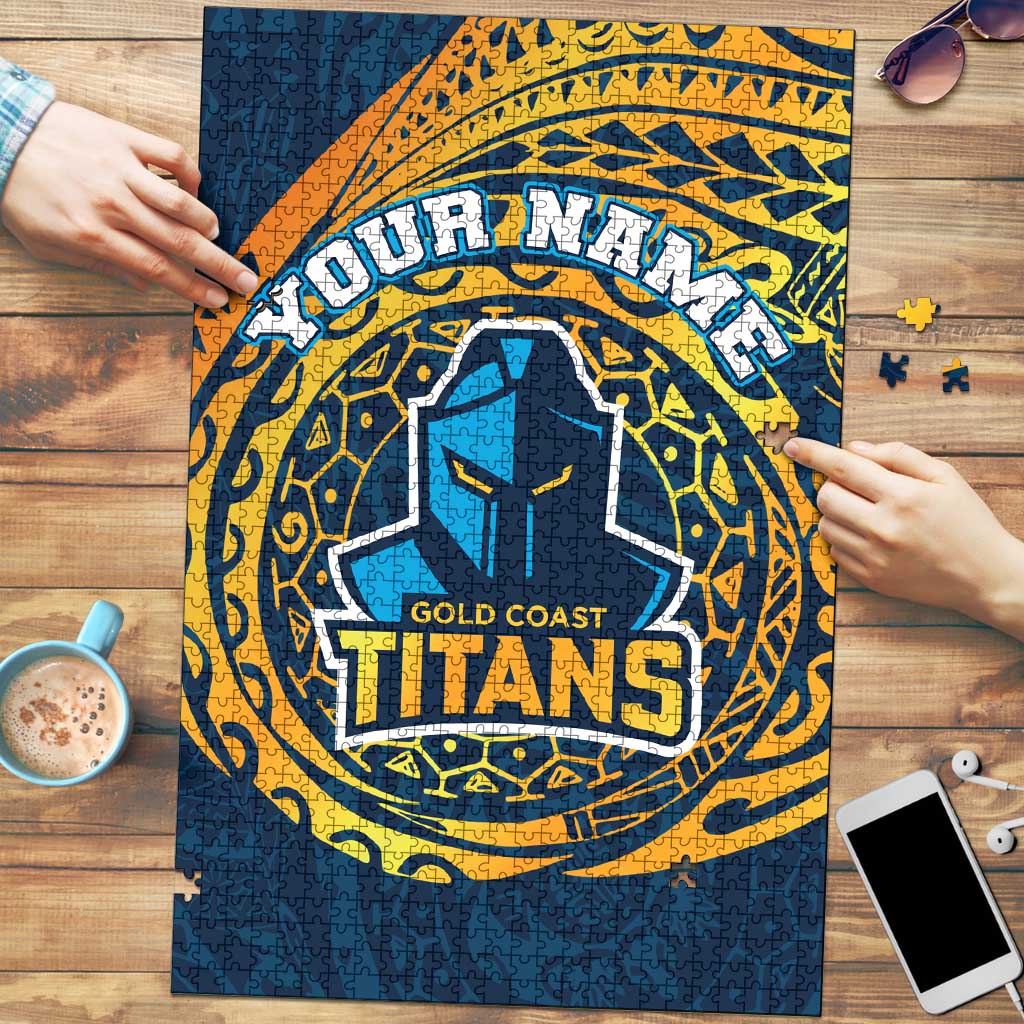 Personalized Gold Coast Titans Puzzle Polynesian Tribal Chest and Sleeve Tattoo