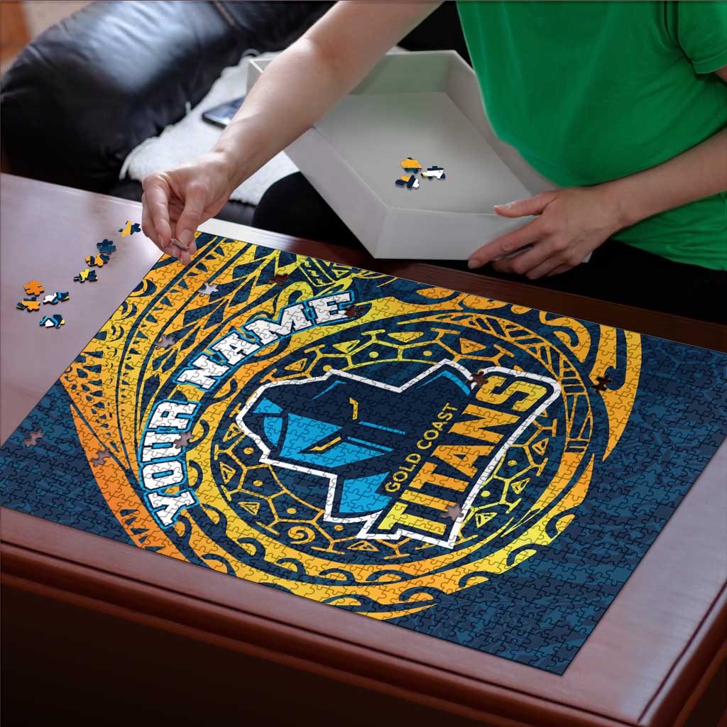 Personalized Gold Coast Titans Puzzle Polynesian Tribal Chest and Sleeve Tattoo