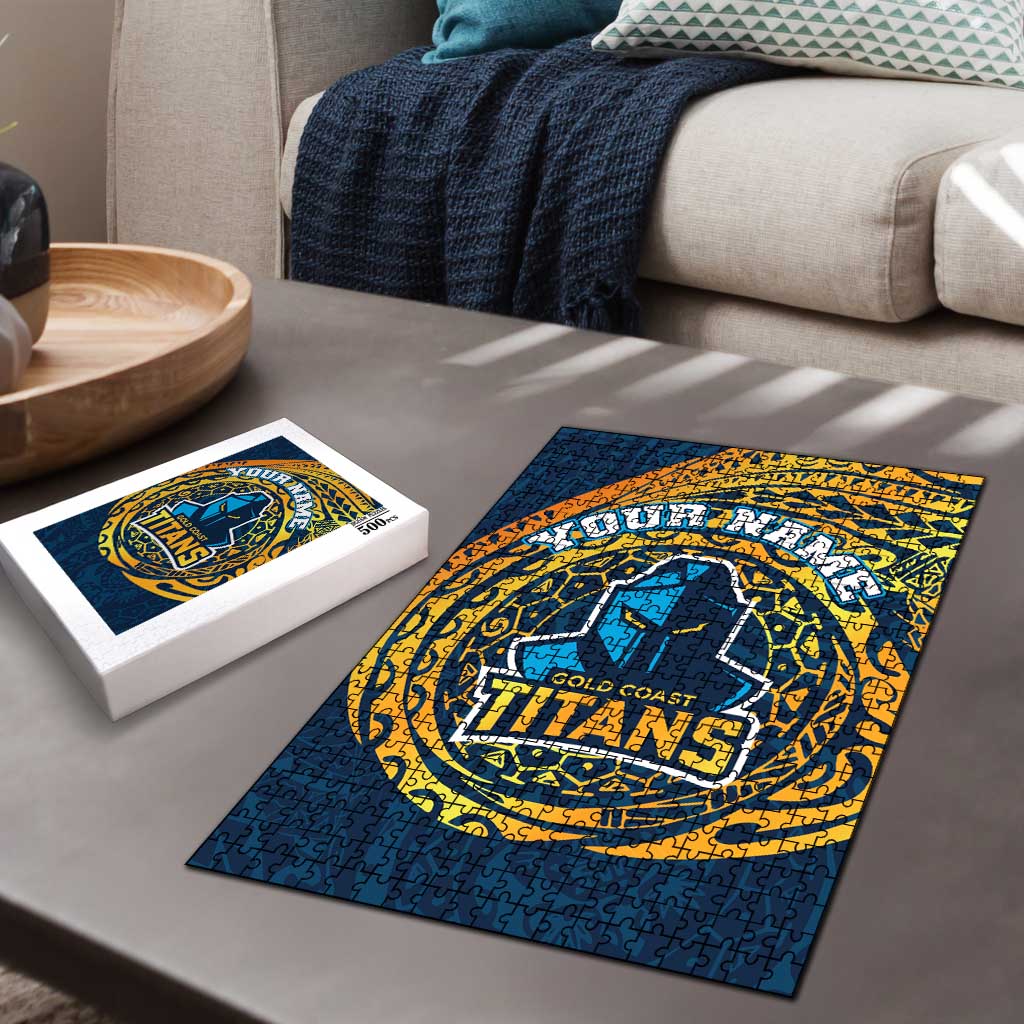 Personalized Gold Coast Titans Puzzle Polynesian Tribal Chest and Sleeve Tattoo