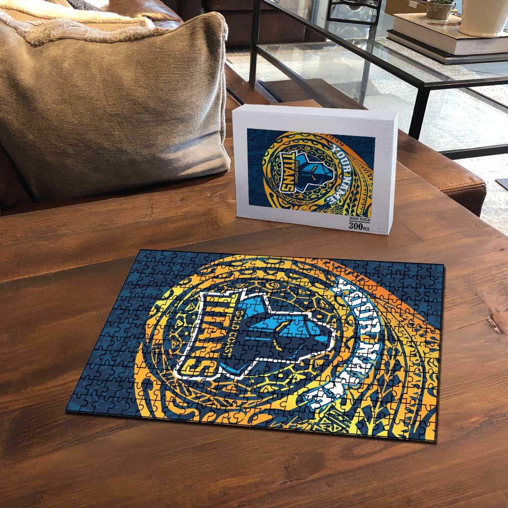 Personalized Gold Coast Titans Puzzle Polynesian Tribal Chest and Sleeve Tattoo