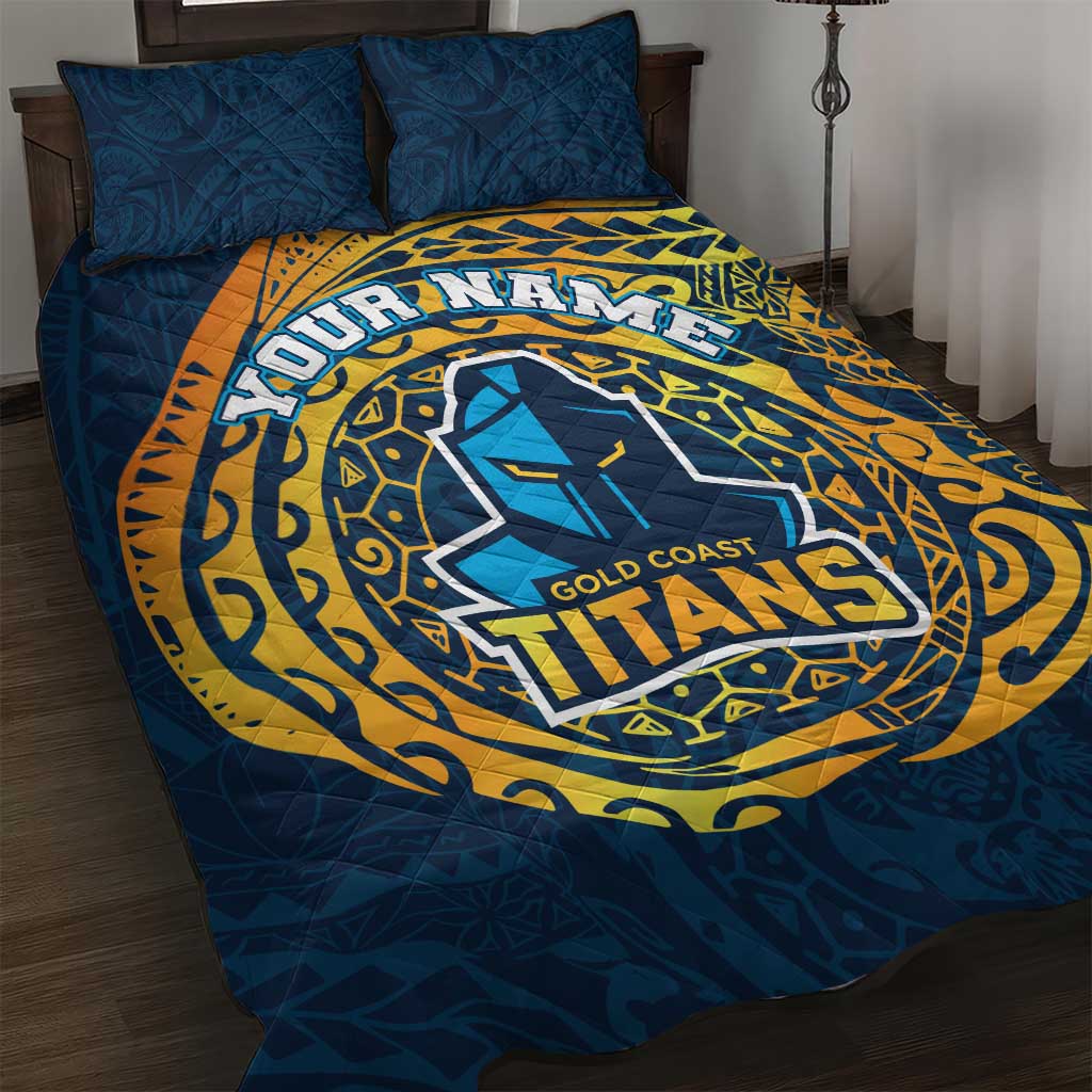 Personalized Gold Coast Titans Quilt Bed Set Polynesian Tribal Chest and Sleeve Tattoo