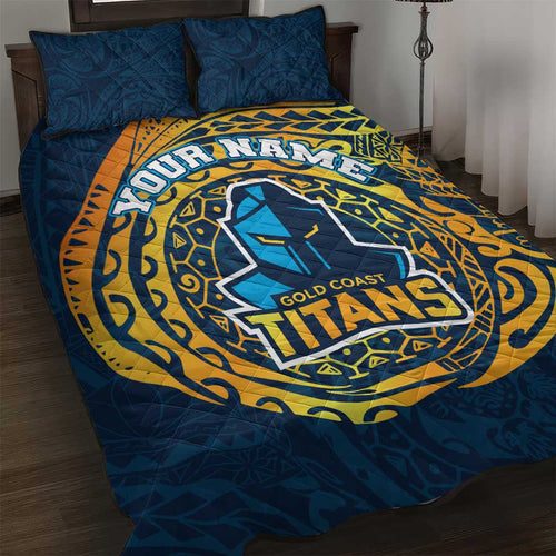 Personalized Gold Coast Titans Quilt Bed Set Polynesian Tribal Chest and Sleeve Tattoo