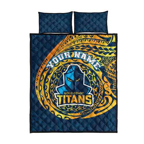 Personalized Gold Coast Titans Quilt Bed Set Polynesian Tribal Chest and Sleeve Tattoo