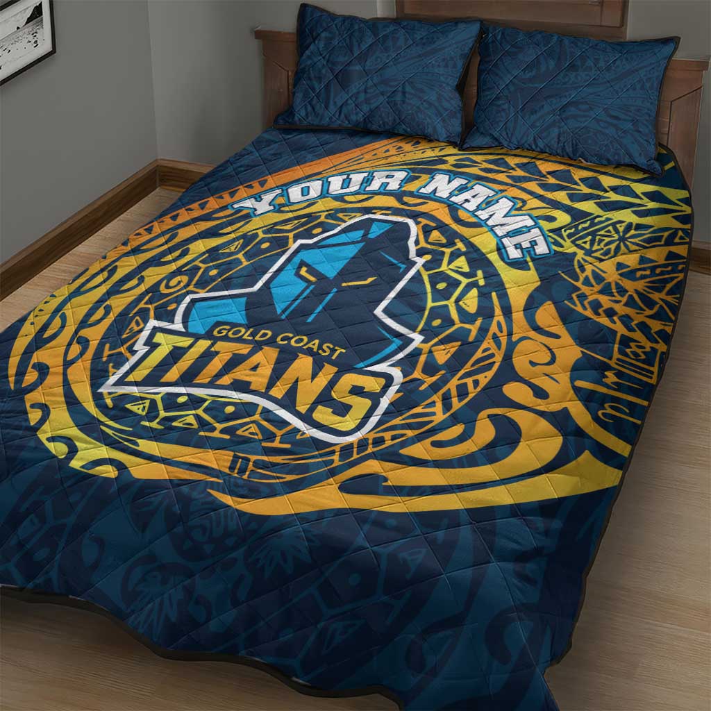 Personalized Gold Coast Titans Quilt Bed Set Polynesian Tribal Chest and Sleeve Tattoo