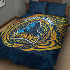 Personalized Gold Coast Titans Quilt Bed Set Polynesian Tribal Chest and Sleeve Tattoo