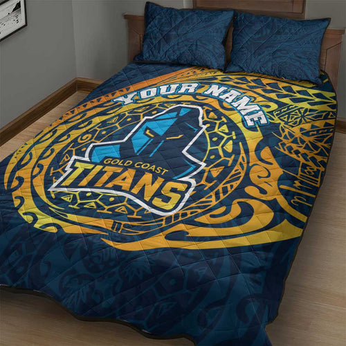 Personalized Gold Coast Titans Quilt Bed Set Polynesian Tribal Chest and Sleeve Tattoo