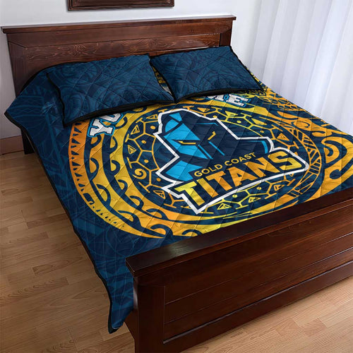 Personalized Gold Coast Titans Quilt Bed Set Polynesian Tribal Chest and Sleeve Tattoo