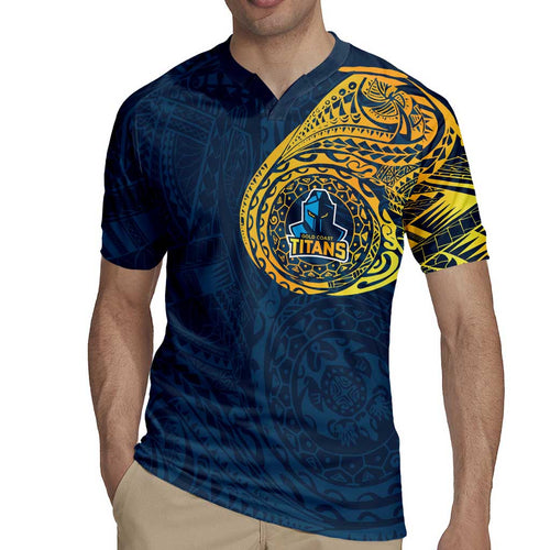 Personalized Gold Coast Titans Rugby Jersey Polynesian Tribal Chest and Sleeve Tattoo
