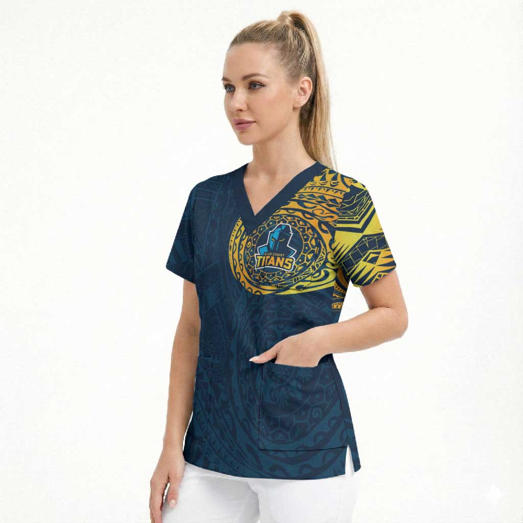 Personalized Gold Coast Titans Scrub Top Polynesian Tribal Chest and Sleeve Tattoo