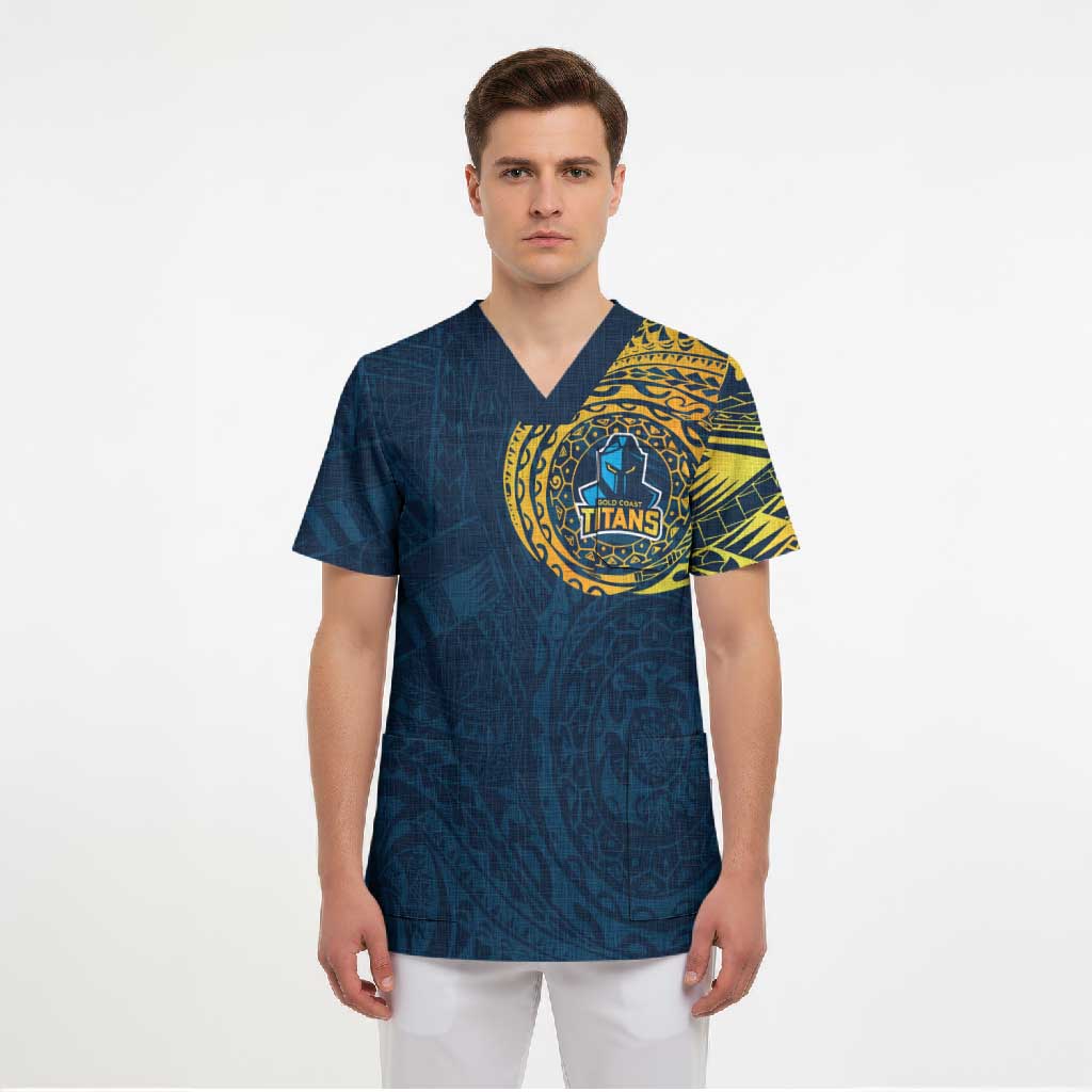 Personalized Gold Coast Titans Scrub Top Polynesian Tribal Chest and Sleeve Tattoo