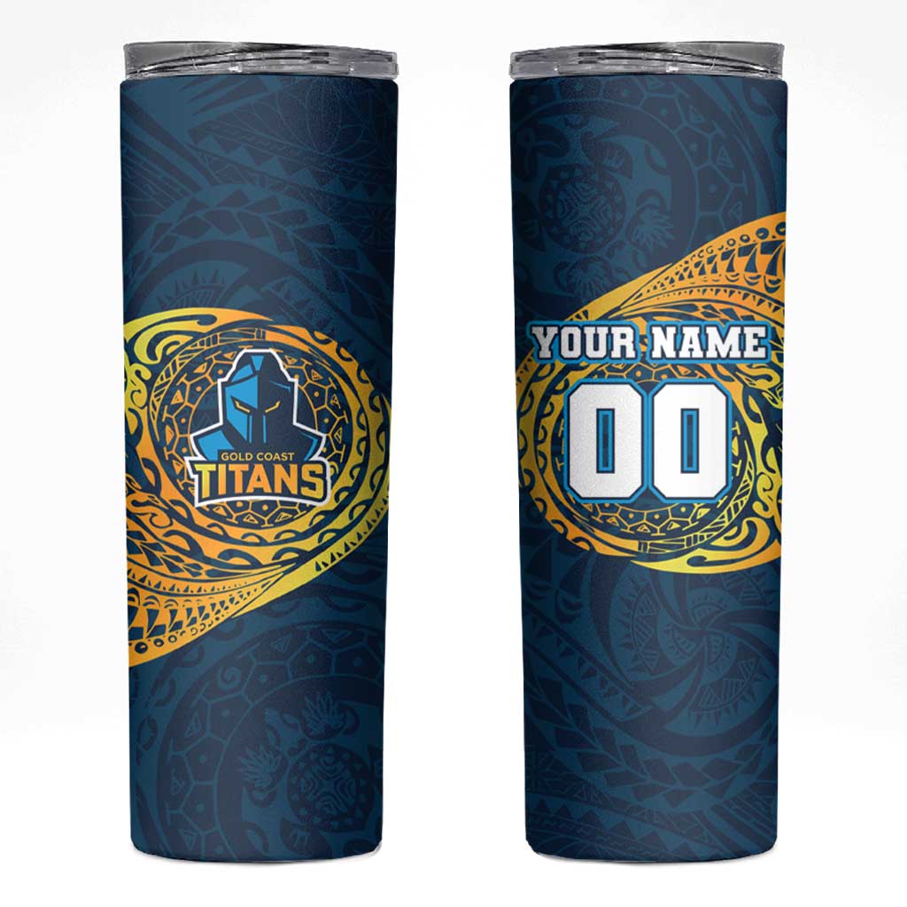 Personalized Gold Coast Titans Skinny Tumbler Polynesian Tribal Chest and Sleeve Tattoo