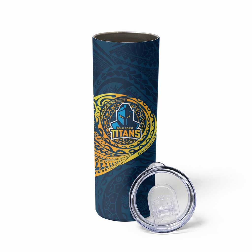 Personalized Gold Coast Titans Skinny Tumbler Polynesian Tribal Chest and Sleeve Tattoo