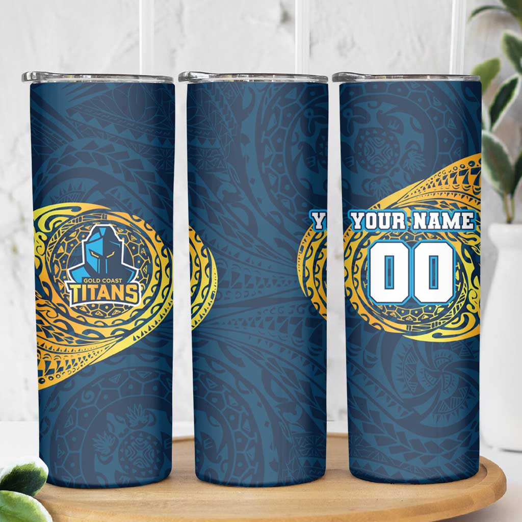 Personalized Gold Coast Titans Skinny Tumbler Polynesian Tribal Chest and Sleeve Tattoo
