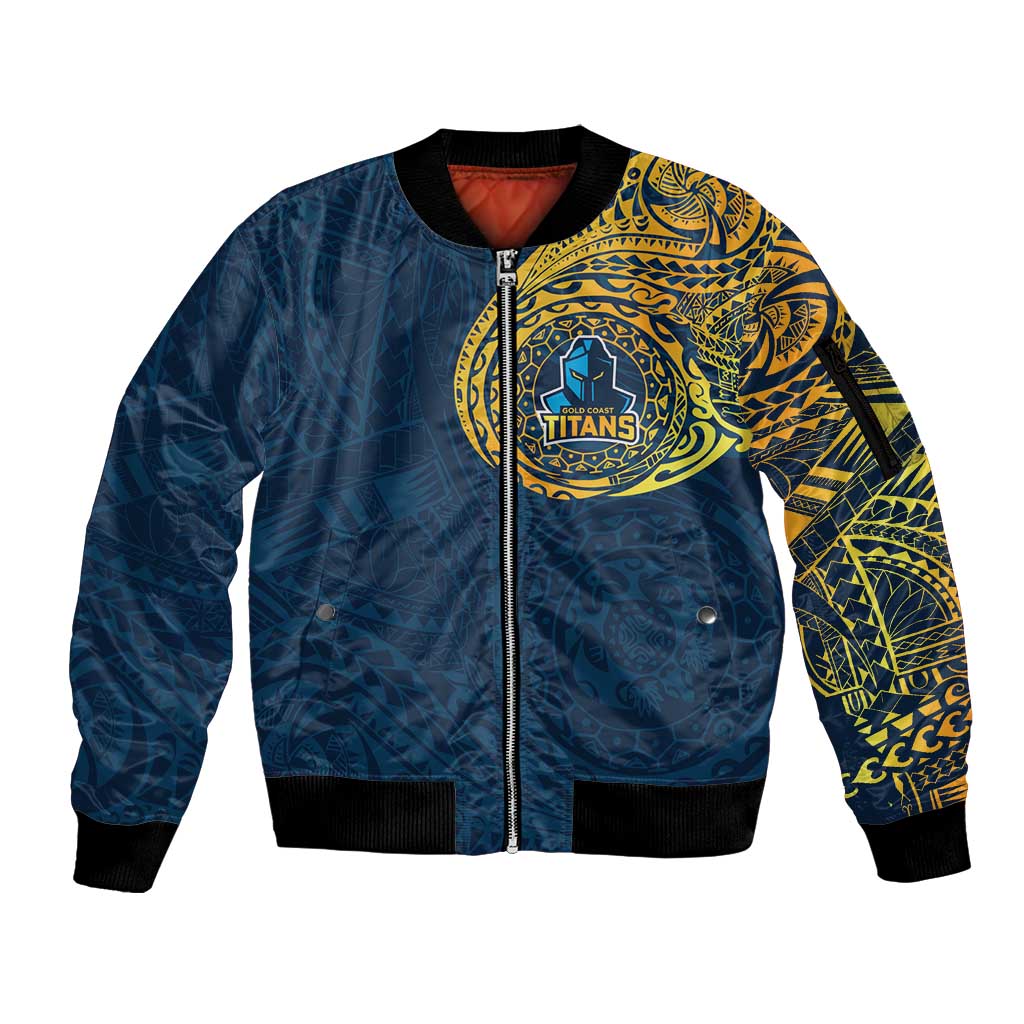Personalized Gold Coast Titans Sleeve Zip Bomber Jacket Polynesian Tribal Chest and Sleeve Tattoo