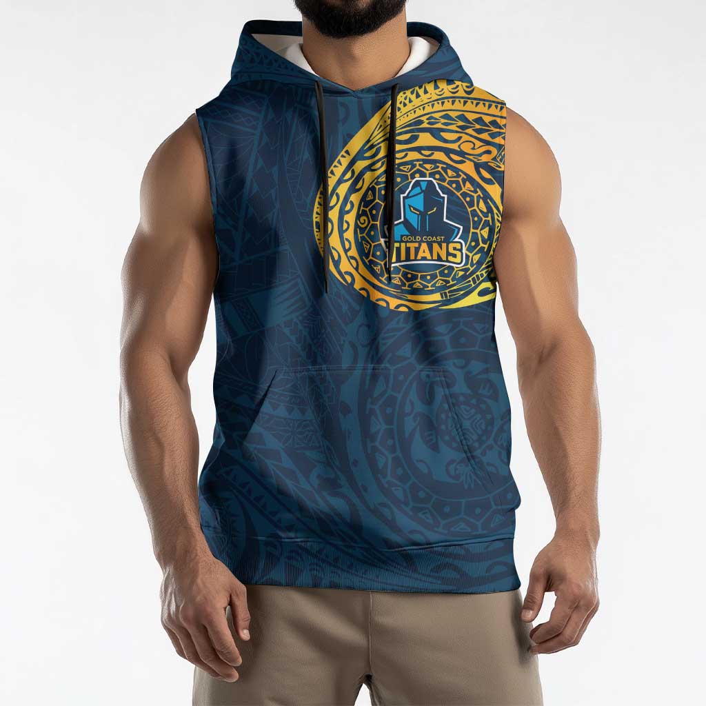 Personalized Gold Coast Titans Sleeveless Hoodie Polynesian Tribal Chest and Sleeve Tattoo