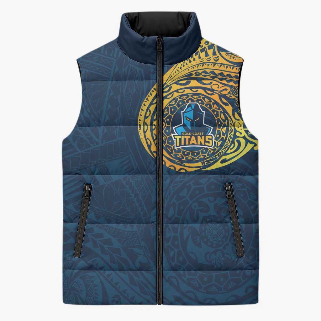 Personalized Gold Coast Titans Sleeveless Puffer Jacket Polynesian Tribal Chest and Sleeve Tattoo