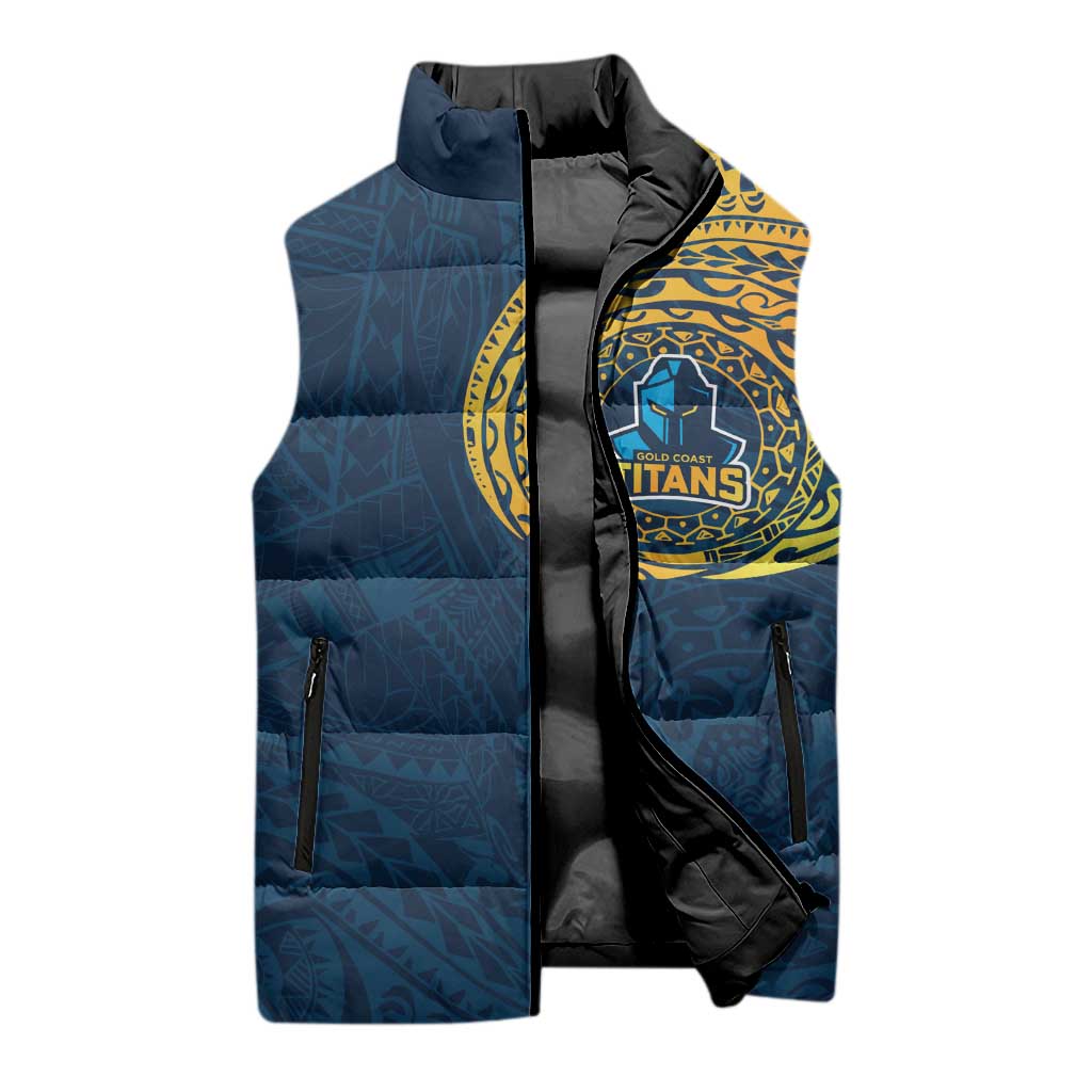 Personalized Gold Coast Titans Sleeveless Puffer Jacket Polynesian Tribal Chest and Sleeve Tattoo