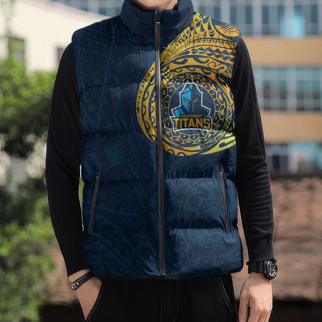 Personalized Gold Coast Titans Sleeveless Puffer Jacket Polynesian Tribal Chest and Sleeve Tattoo