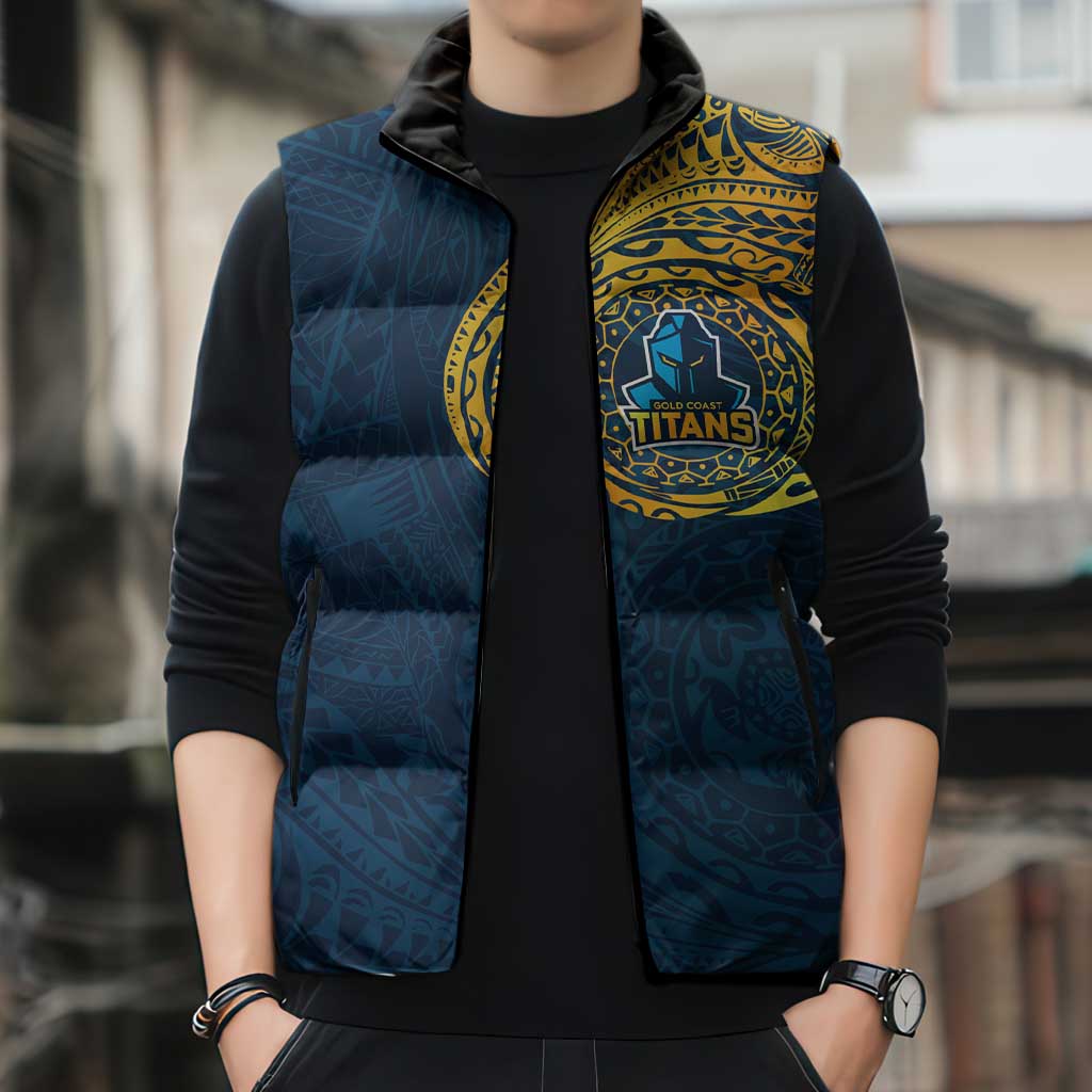 Personalized Gold Coast Titans Sleeveless Puffer Jacket Polynesian Tribal Chest and Sleeve Tattoo