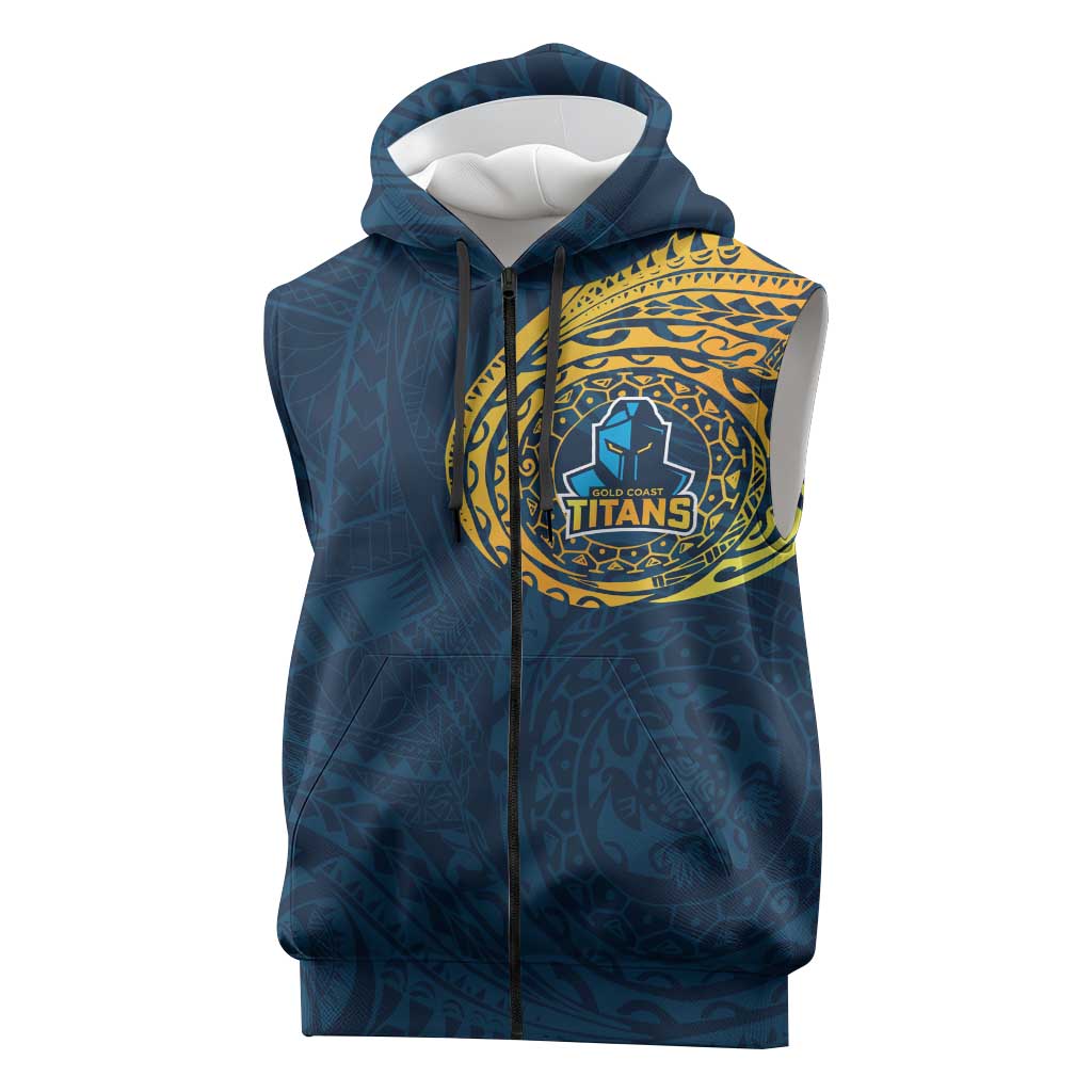 Personalized Gold Coast Titans Sleeveless Zip Hoodie Polynesian Tribal Chest and Sleeve Tattoo