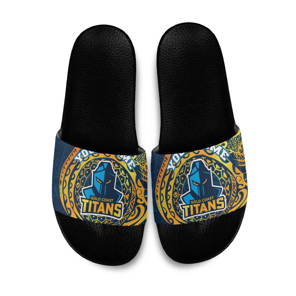 Personalized Gold Coast Titans Slide Sandals Polynesian Tribal Chest and Sleeve Tattoo