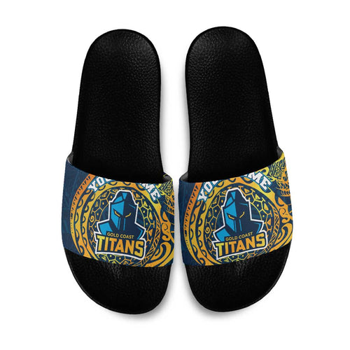 Personalized Gold Coast Titans Slide Sandals Polynesian Tribal Chest and Sleeve Tattoo