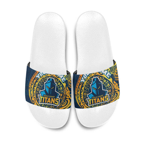 Personalized Gold Coast Titans Slide Sandals Polynesian Tribal Chest and Sleeve Tattoo