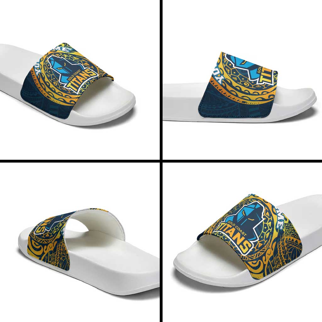 Personalized Gold Coast Titans Slide Sandals Polynesian Tribal Chest and Sleeve Tattoo