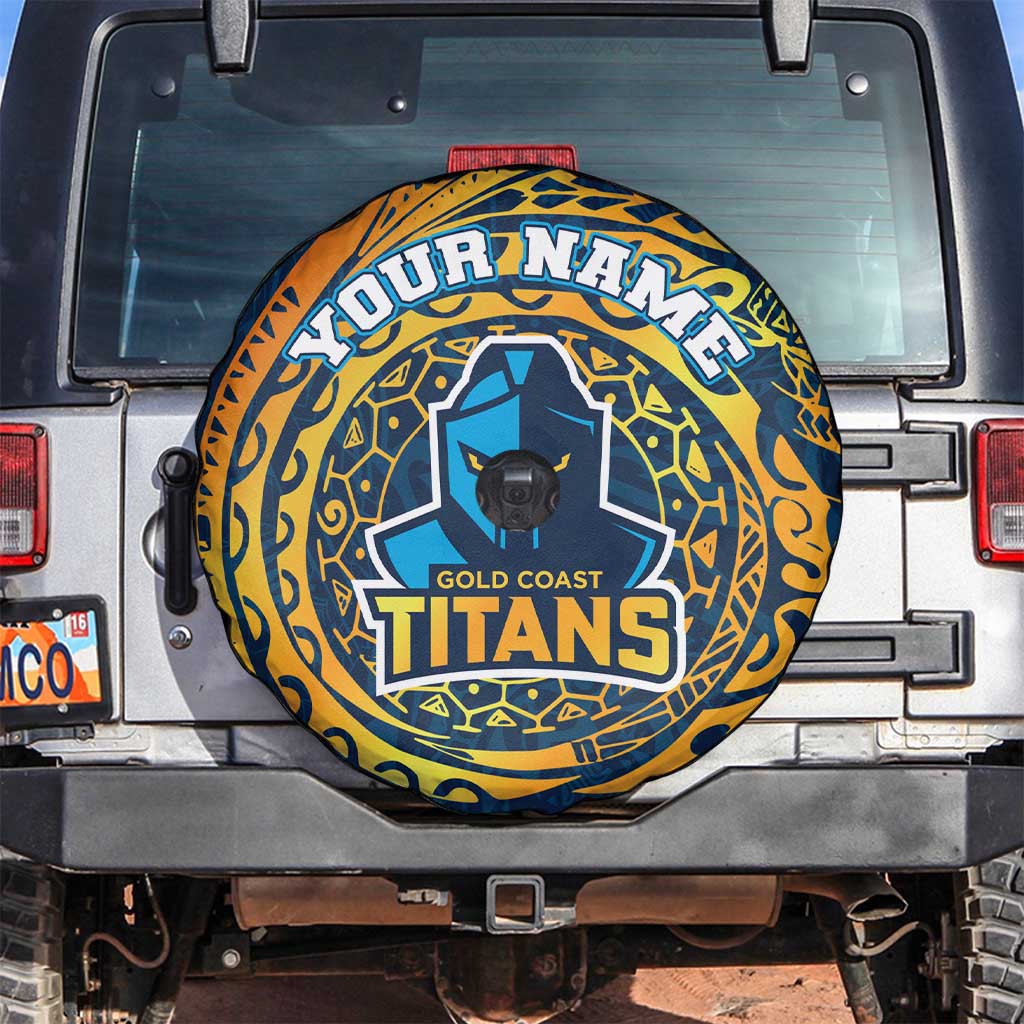 Personalized Gold Coast Titans Spare Tire Cover Polynesian Tribal Chest and Sleeve Tattoo