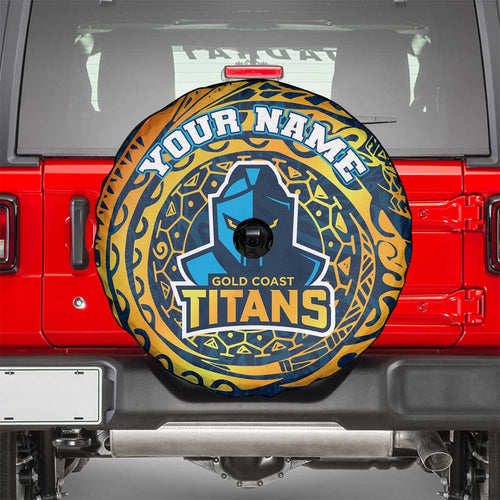 Personalized Gold Coast Titans Spare Tire Cover Polynesian Tribal Chest and Sleeve Tattoo