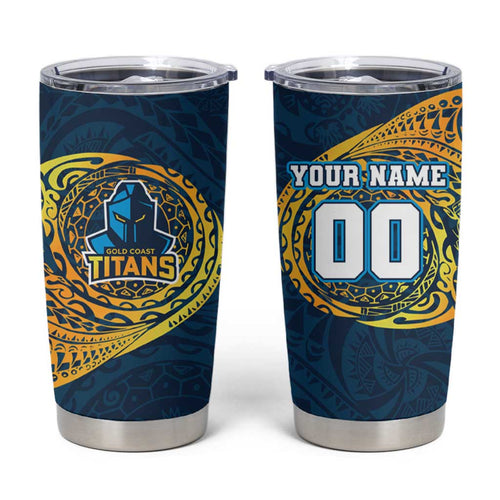 Personalized Gold Coast Titans Tumbler Cup Polynesian Tribal Chest and Sleeve Tattoo