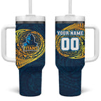 Personalized Gold Coast Titans Tumbler With Handle Polynesian Tribal Chest and Sleeve Tattoo