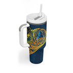 Personalized Gold Coast Titans Tumbler With Handle Polynesian Tribal Chest and Sleeve Tattoo