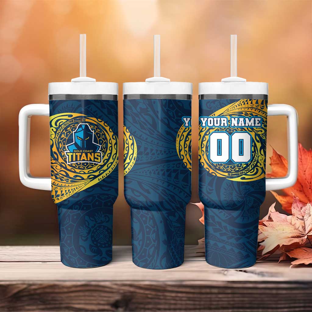 Personalized Gold Coast Titans Tumbler With Handle Polynesian Tribal Chest and Sleeve Tattoo