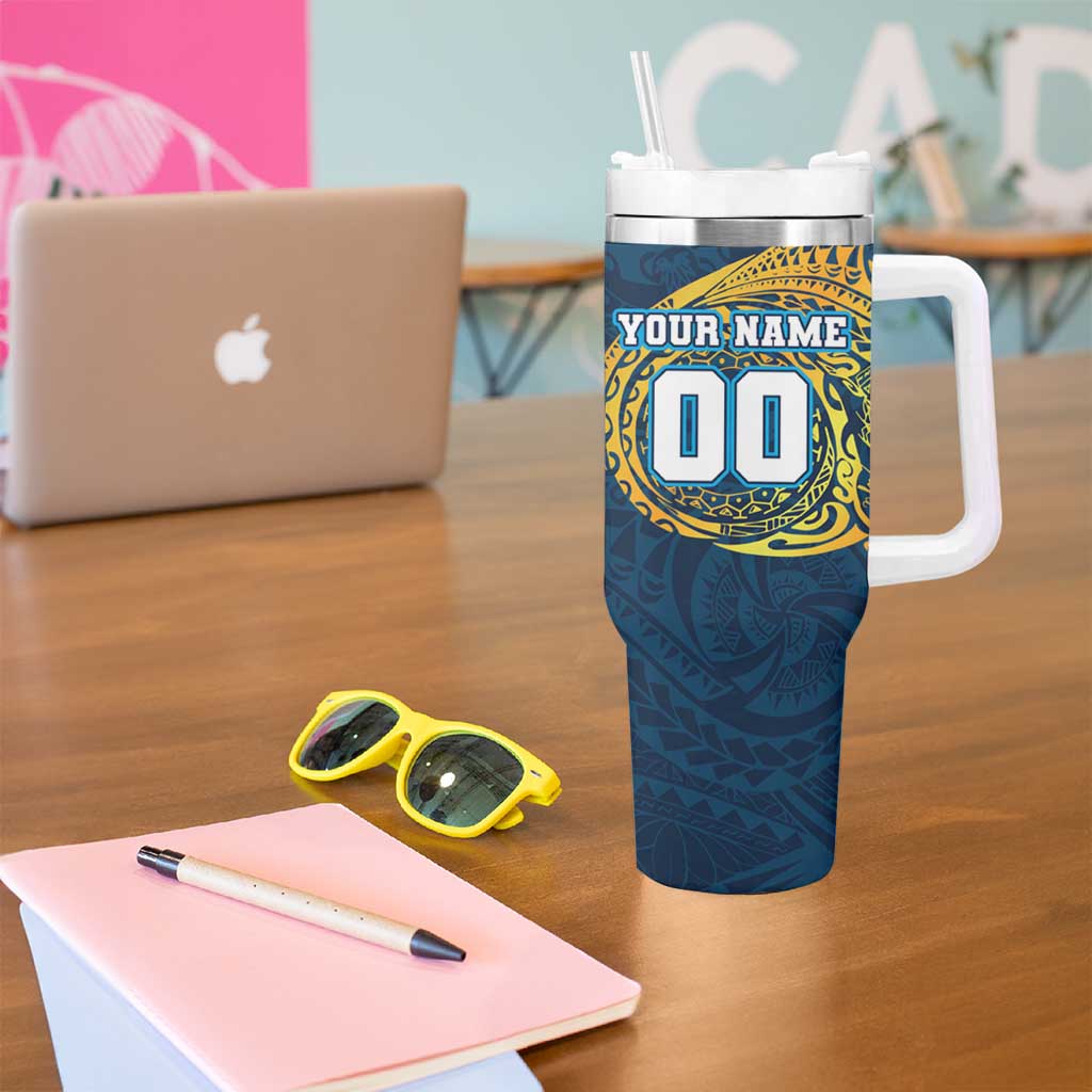 Personalized Gold Coast Titans Tumbler With Handle Polynesian Tribal Chest and Sleeve Tattoo