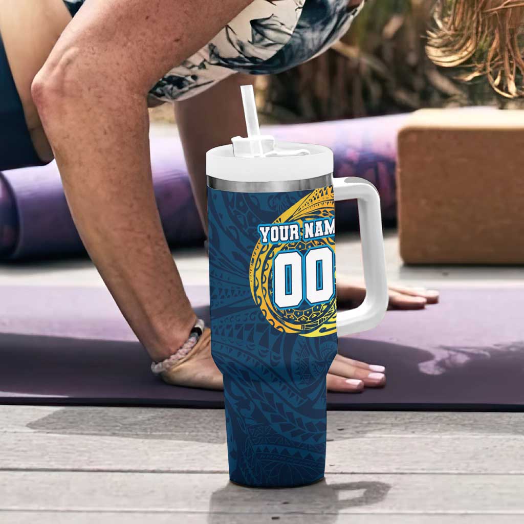 Personalized Gold Coast Titans Tumbler With Handle Polynesian Tribal Chest and Sleeve Tattoo