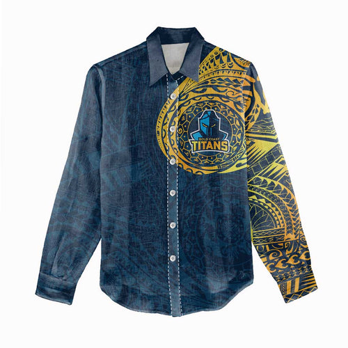 Personalized Gold Coast Titans Women Casual Shirt Polynesian Tribal Chest and Sleeve Tattoo