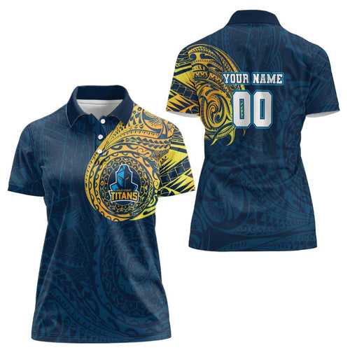 Personalized Gold Coast Titans Women Polo Shirt Polynesian Tribal Chest and Sleeve Tattoo