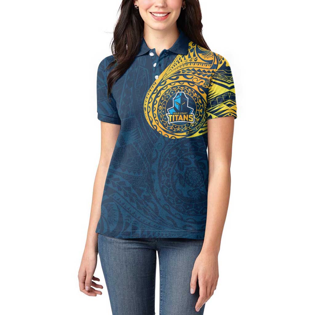Personalized Gold Coast Titans Women Polo Shirt Polynesian Tribal Chest and Sleeve Tattoo