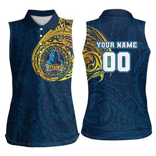 Personalized Gold Coast Titans Women Sleeveless Polo Shirt Polynesian Tribal Chest and Sleeve Tattoo