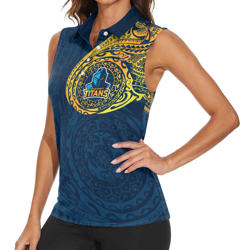 Personalized Gold Coast Titans Women Sleeveless Polo Shirt Polynesian Tribal Chest and Sleeve Tattoo