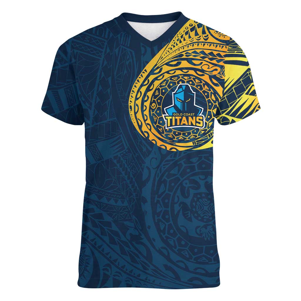 Personalized Gold Coast Titans Women V-Neck T-Shirt Polynesian Tribal Chest and Sleeve Tattoo